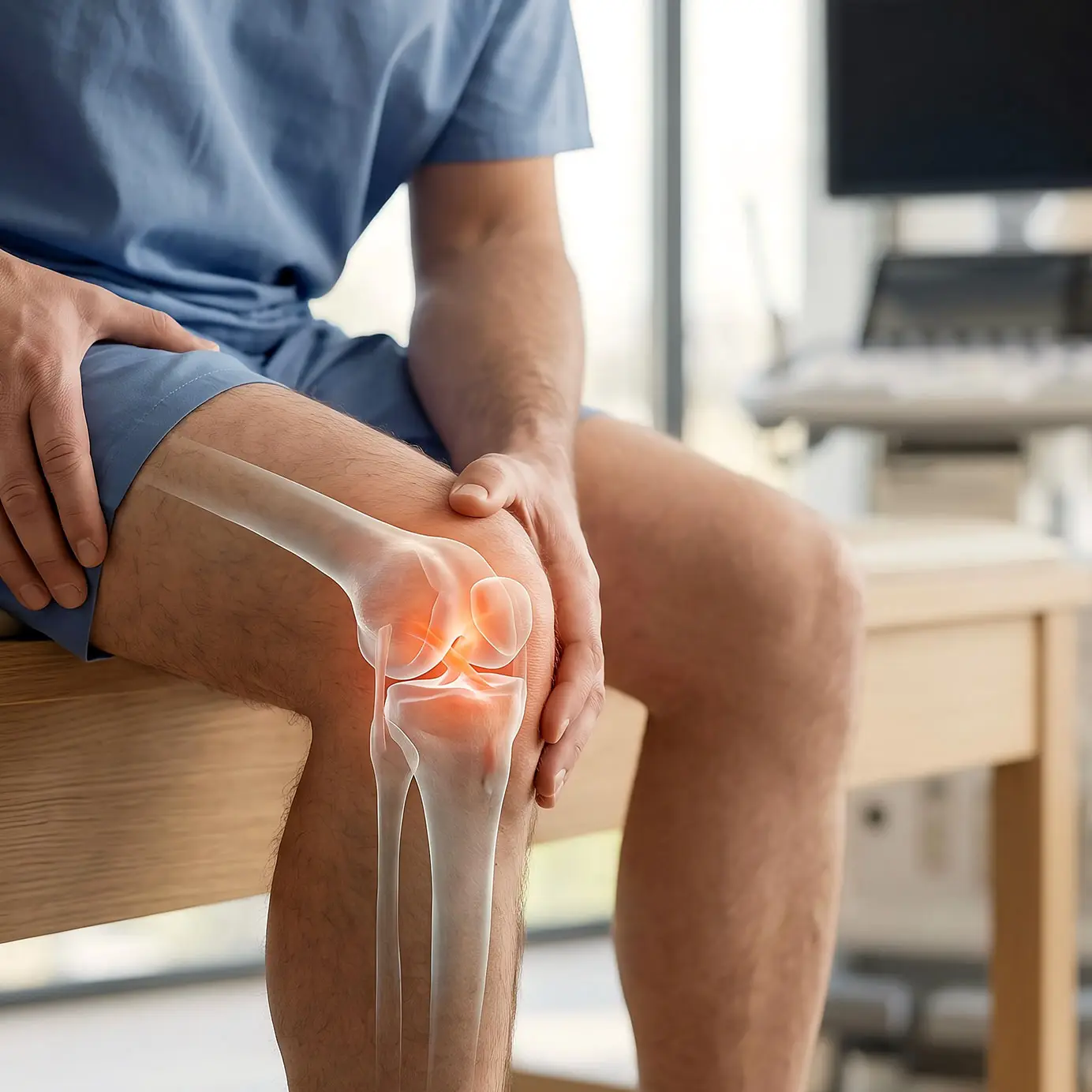 Image of a man grabbing his knee in pain with an overlay of a knee skeleton