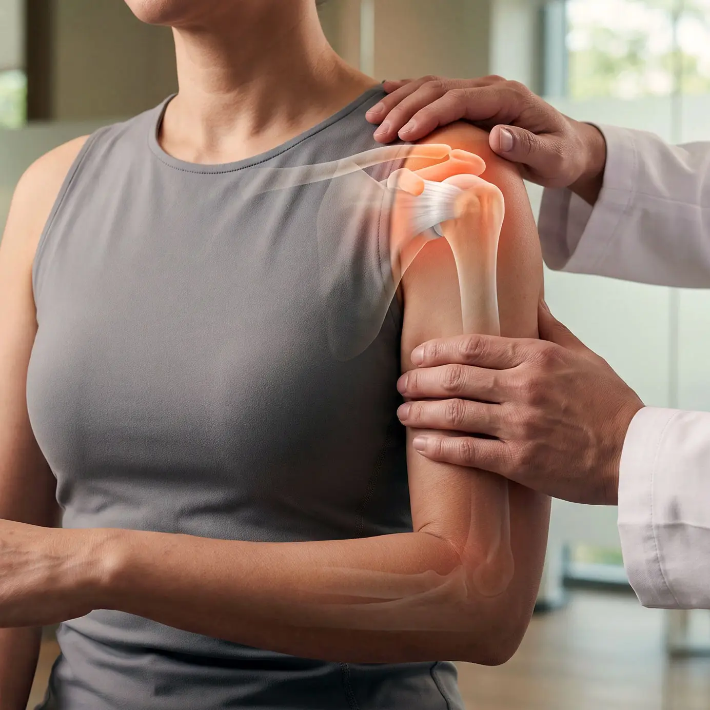 Image of a woman grabbing her shoulder in pain with an overlay of a shoulder skeleton