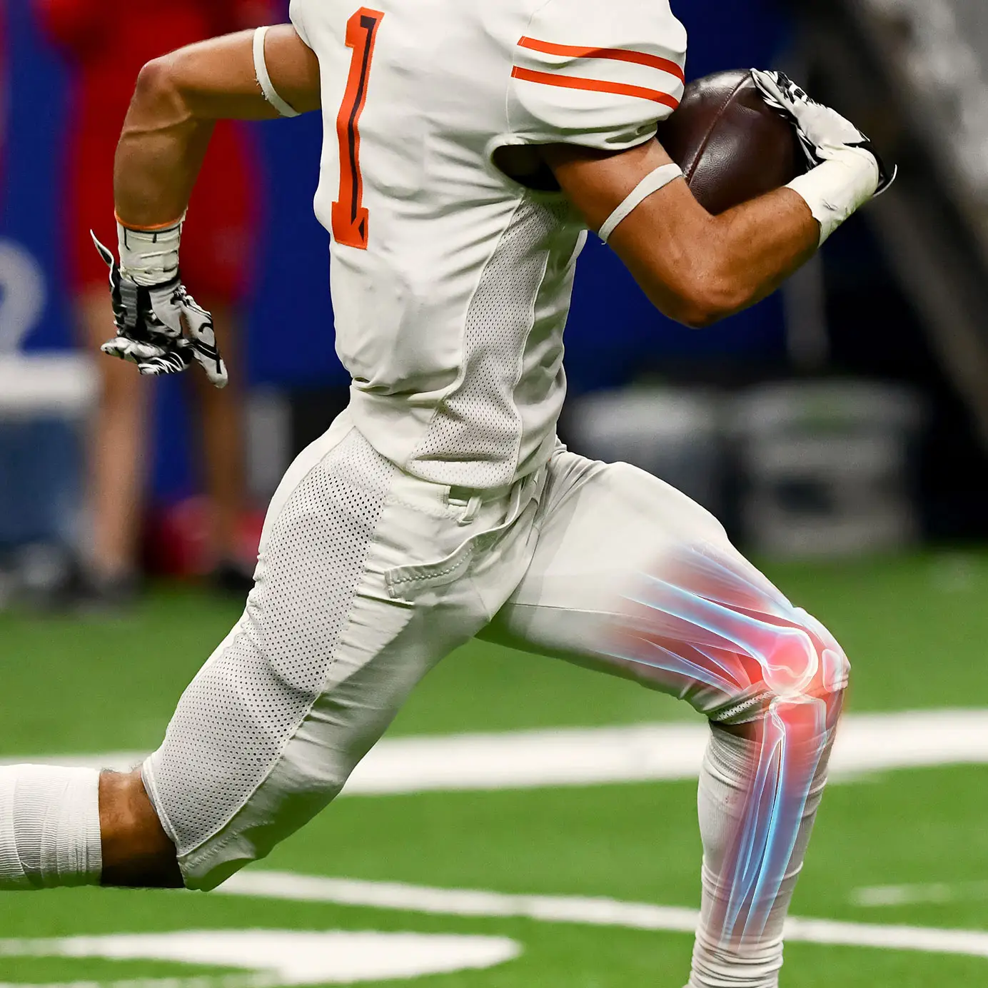 image of an American football player running with a skeletal knee image overlay